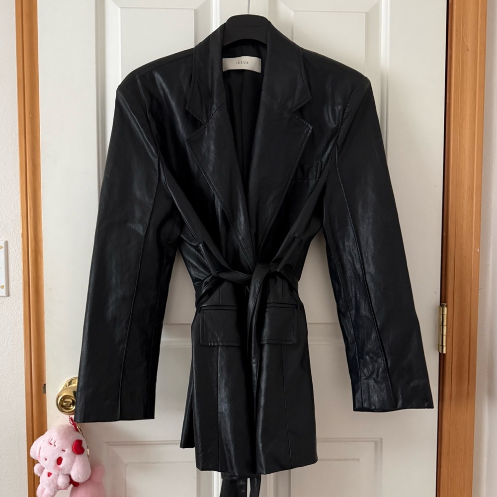 Black Faux Leather Oversized Blazer with Belt